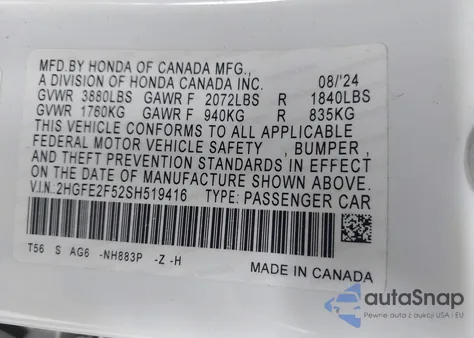 2025 Honda Civic Sport z USA, uszkodzony, nr VIN 2HGFE2F52SH519416